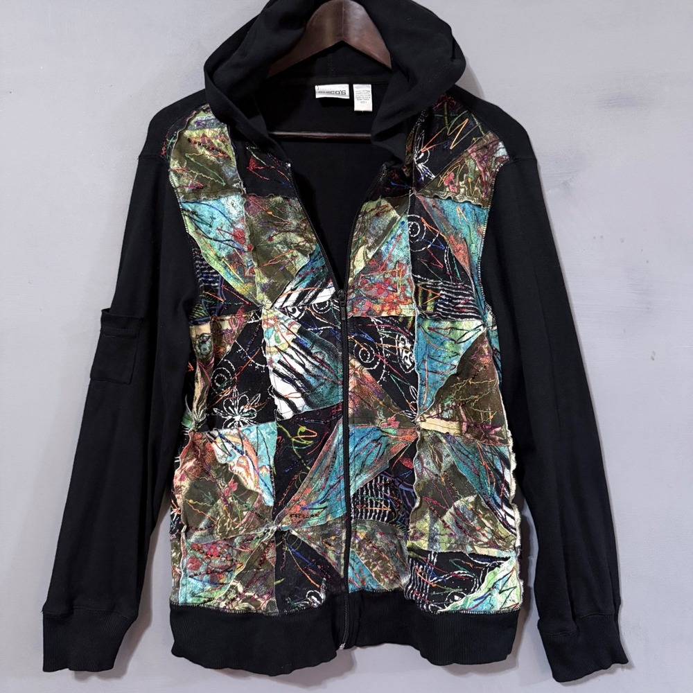 100% Cotton Chicos Hoodie Sweatshirt Zipper Black Artsy Patchwork Boho Medium 1